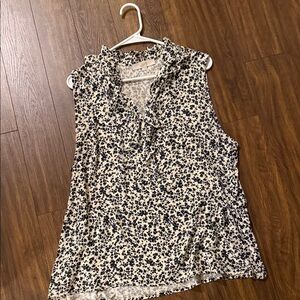 LOFT Mixed Media Navy and Cream Floral Blouse